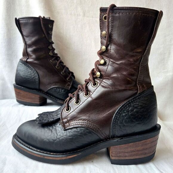 Durango Women's Two Toned Leather Packer Kiltie Lace Up Boots Black/Brown Size 6 - Picture 1 of 11